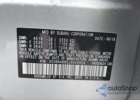 2018 Subaru Legacy 2.5I z USA, uszkodzony, nr VIN 4S3BNAB65J3044920